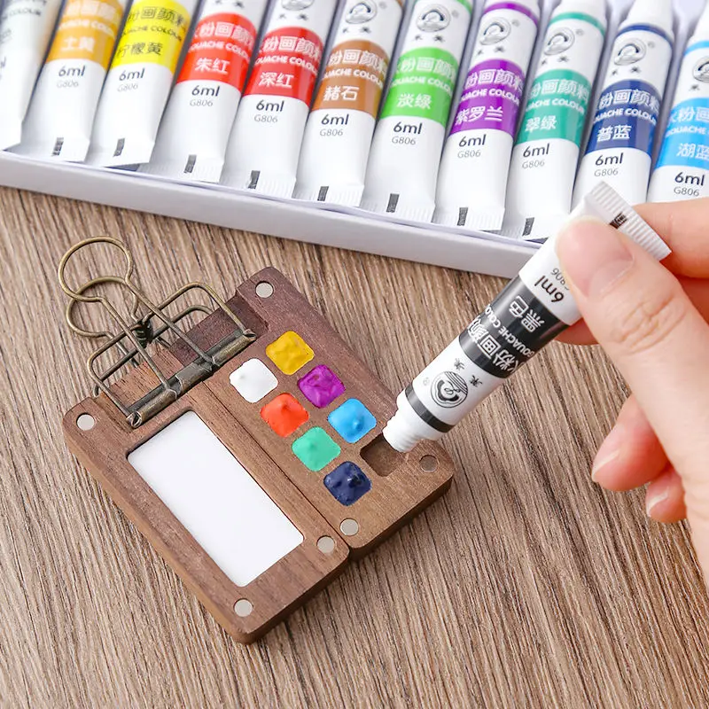 Portable Travel 12 Colors Watercolor Paint Pigment Set Wooden 8 Grid Oil Paints Palette Tray Box Mini Black Walnut Paint Box