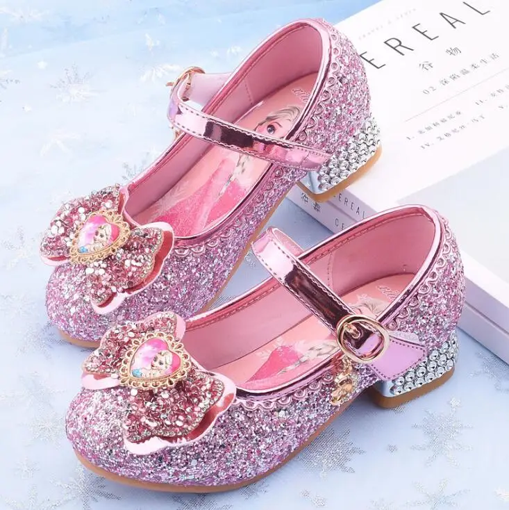 Disney cartoon girls casual shoes children\'s high-heeled shoes elsa princess frozen cartoon bowknot leather crystal party shoes