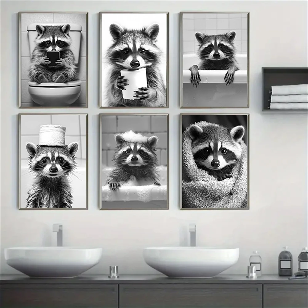 

Cute Raccoon Sitting on Toilet Bathtub Paper on Head Wall Art Poster Canvas Painting Fun Toilet Print Pictures Bathroom Decor