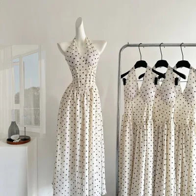 

French Style Polka Dot Halter Dress for Women, New Summer Style, High Waisted Slim Fit Long Dress, Elegant Sleeveless Dress