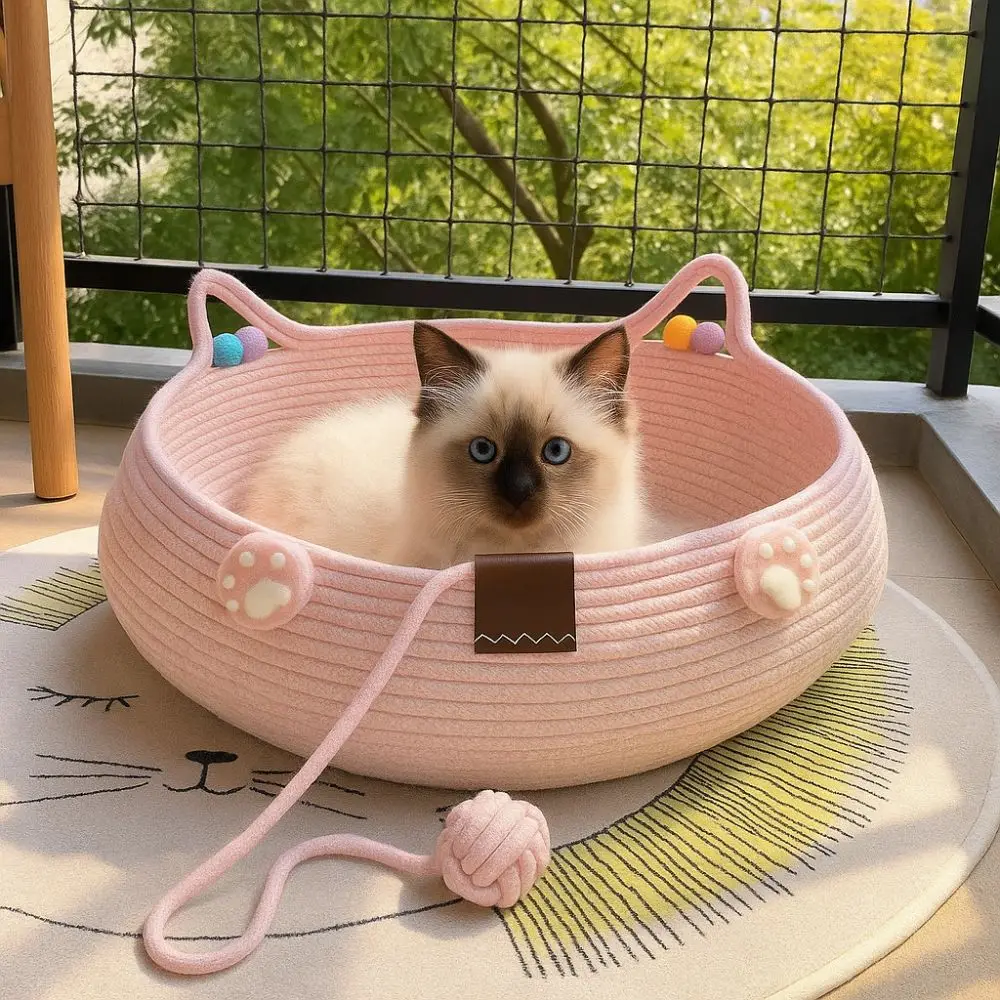 

Cotton Rope Woven Cat Nest Scratch-Proof Durable Cat Sleeping House Handmade with Ball Cat Scratch Floor Four Seasons