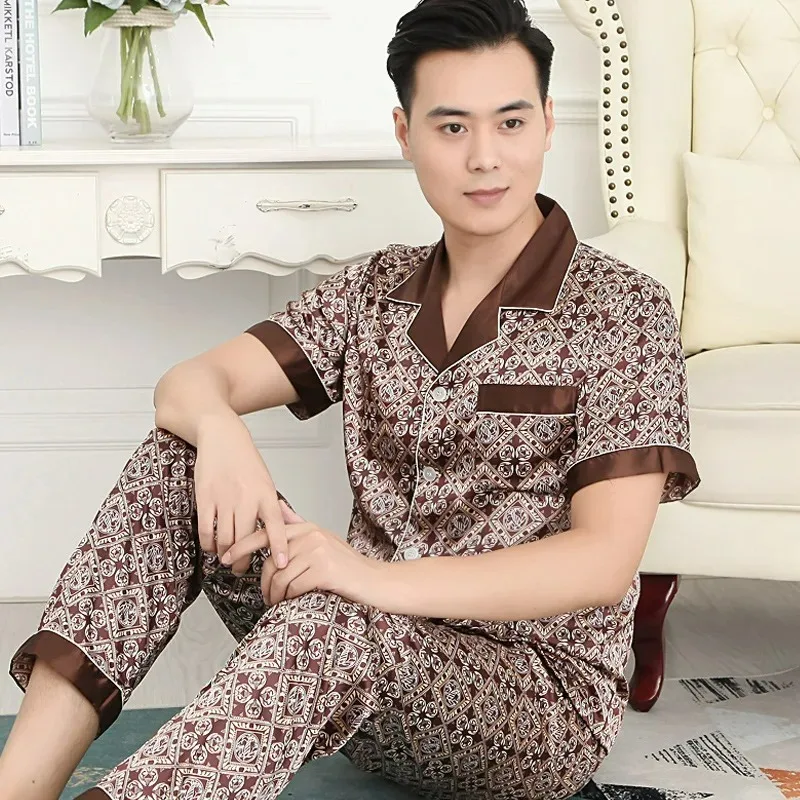 Hohe Qualität Mode Klassische Männer Pyjamas Langarm Kurzarm Shorts Nachtwäsche Männlich Gedruckt Eis Seide Satin Homewear Sets