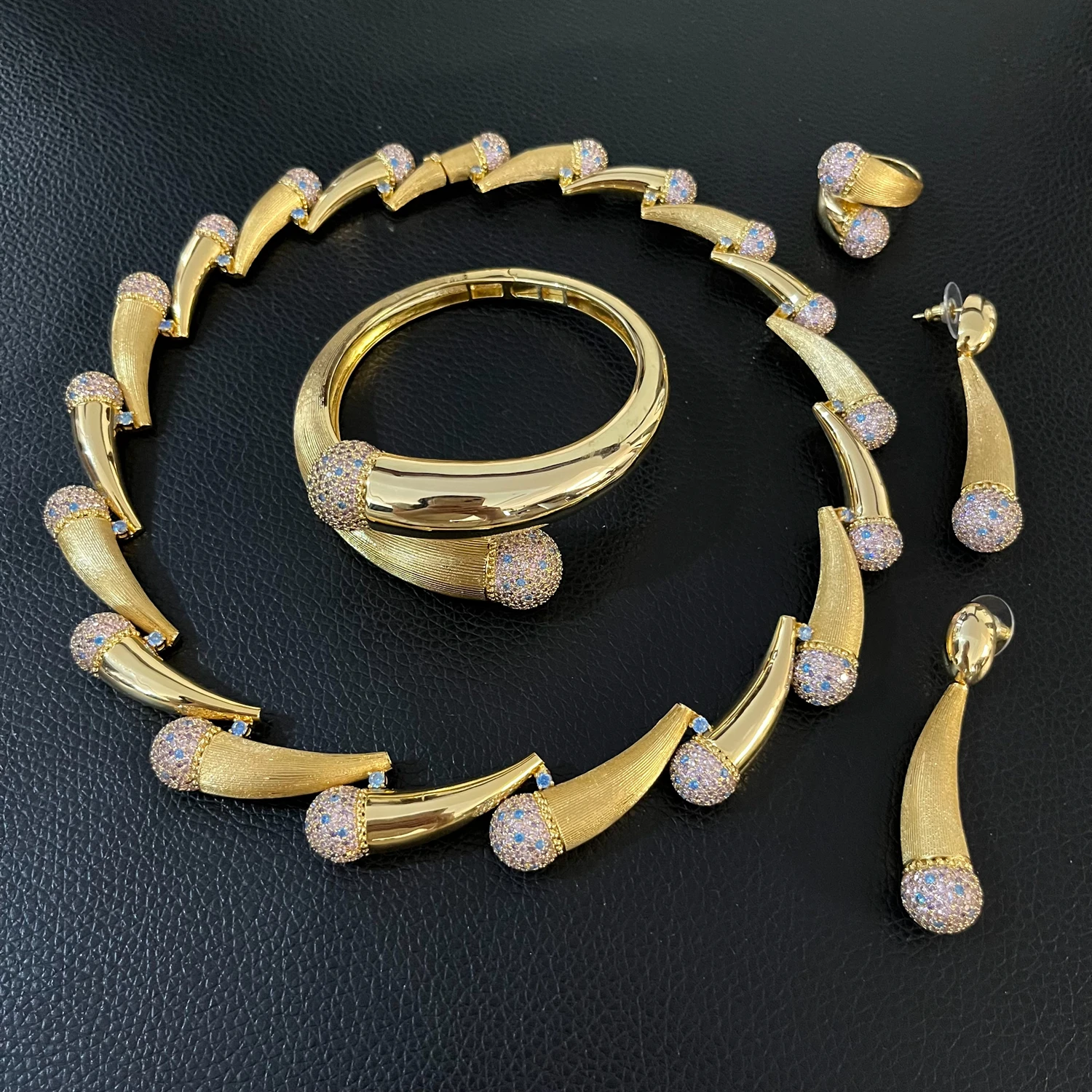 Luxury Modern CZ Jewelry Set Gold Plated Pink CZ Statement Necklace Ring Bracelet & Matching Earrings