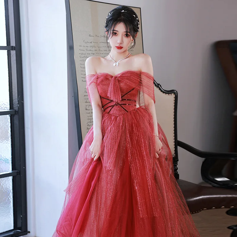 Wine Red Off Shoulder Tulle Prom Gown Women Pleat A-line Sequin Off Waist Evening Dresses Exquisite Elegant Formal Dress