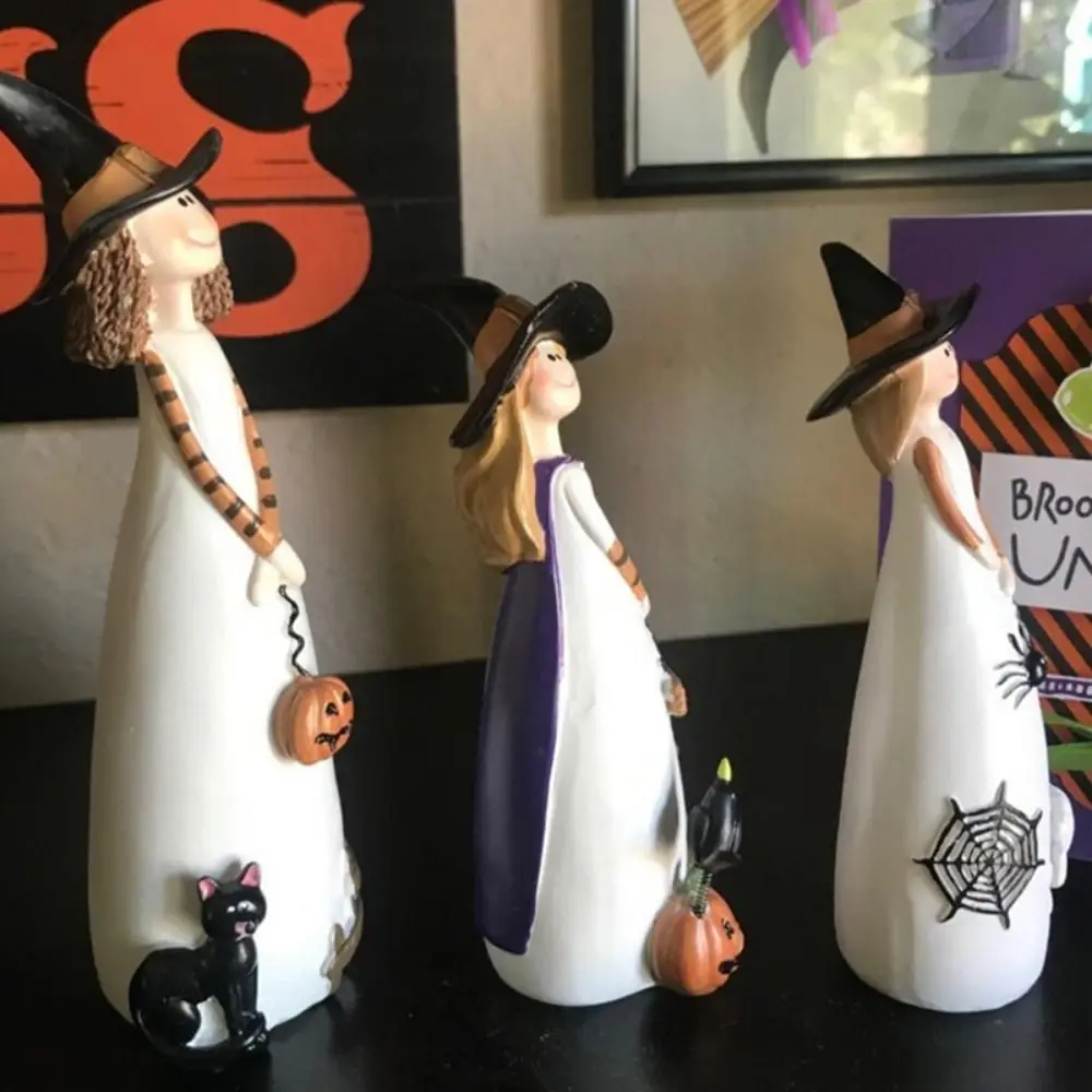 Creative Resin Crafts Halloween Witch Figurines Exquisite Cartoon Resin Witch Statue Cute Witch Ghost Ornaments Party Ornaments