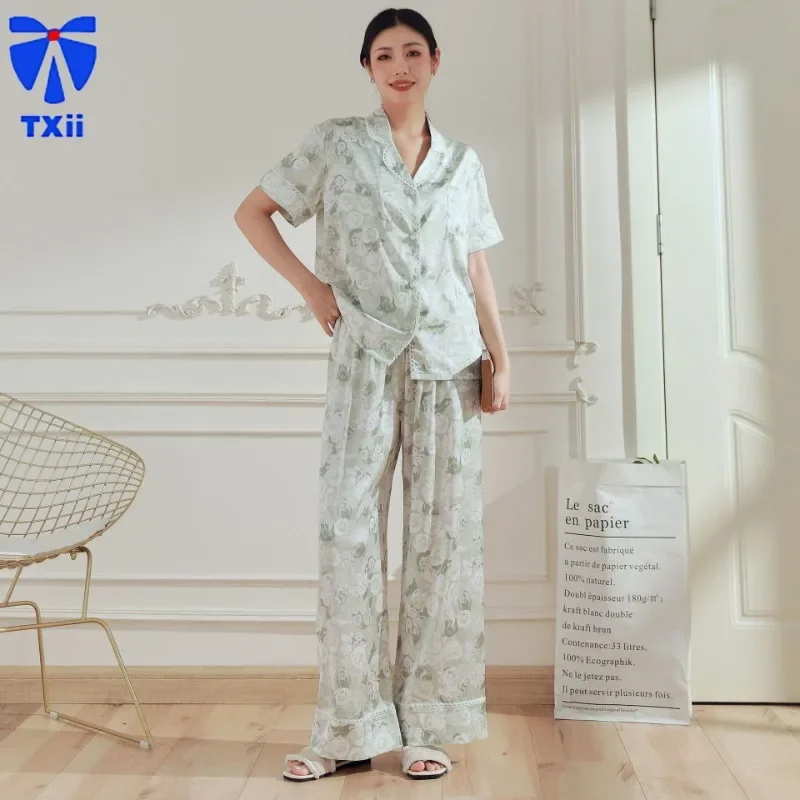 TXii Women's autumn ice silk home suit set with fresh printed pajamas that can be worn outside for casual wear with lace edges