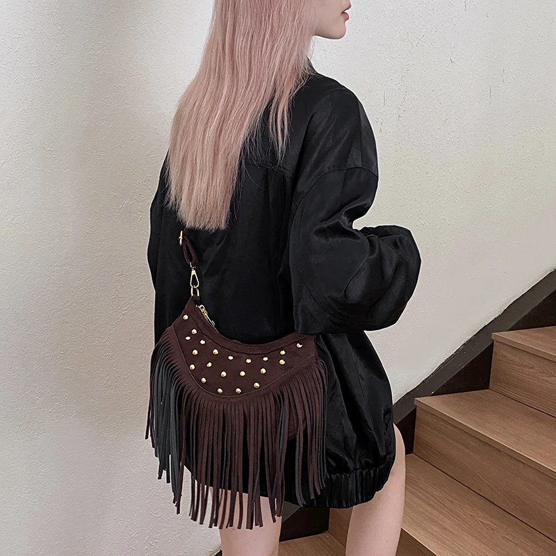 

Сумка-хобо с бахромой в стиле вестерн, винтажная замшевая сумка через плечо, кошелек-ковбойка для женщин