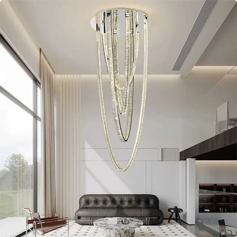 for Duplex Villa Living Room Large Hollow Crystal Chandelier Modern Light Luxury Long Pendant Lamp for Middle Floor Void