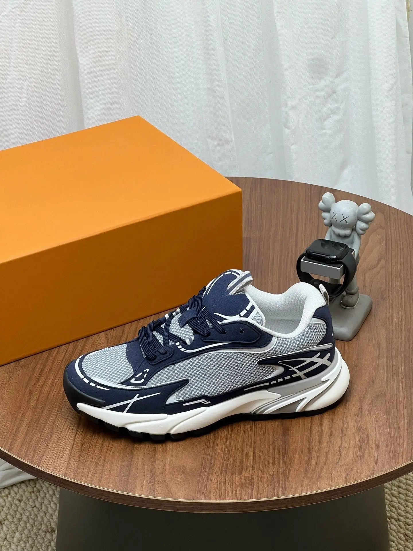 Unisex Navy Grey Chunky Sneakers Breathable Mesh Suede Splicing Graffiti Line Decor Thick Platform Sole Lace Up Height Increasing Street Dad Shoes