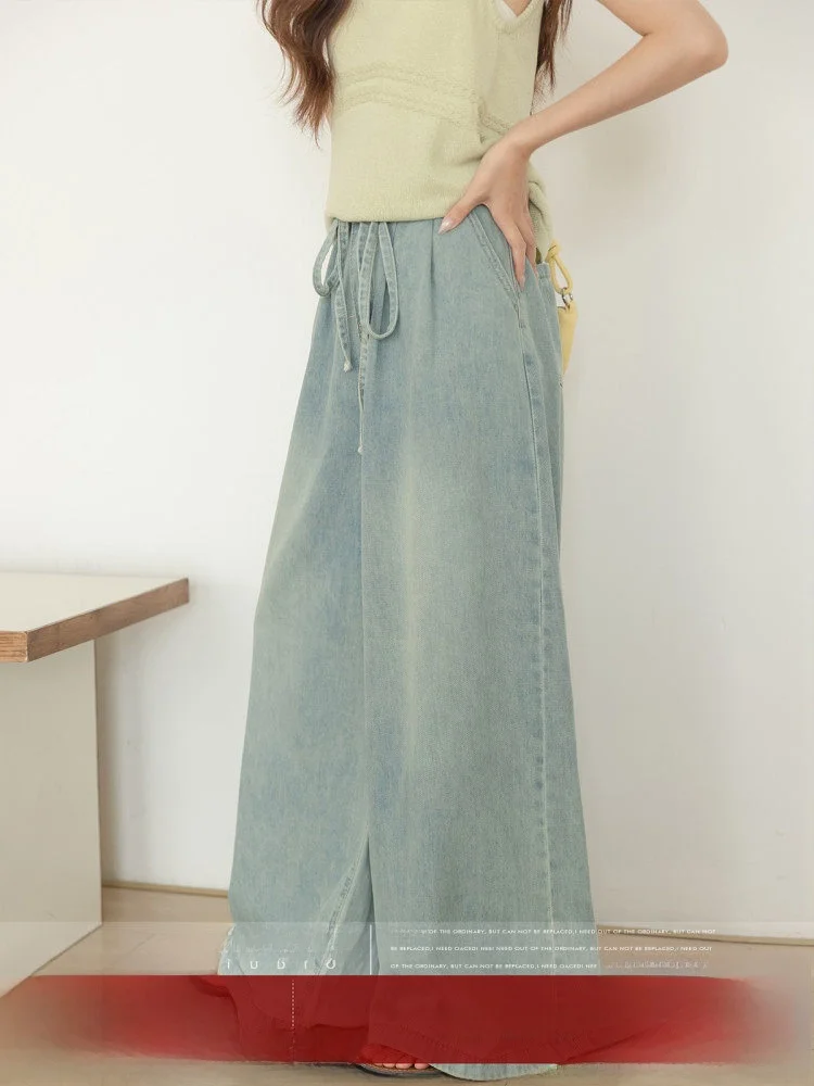 

Blue High Waist Straight Leg Jeans Women's Loose Wide Leg Pants Summer Washed Relaxed Fit Commute Style Micro Stretch