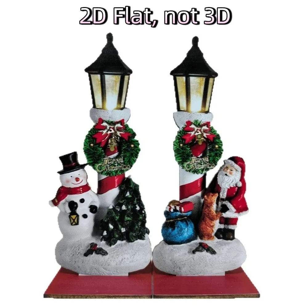 2Pcs 2D Flat Santa Wooden Tabletop Ornament Snow Scene Wreath Street-lamp Snowman Xmas Decor Stable Base Vintage