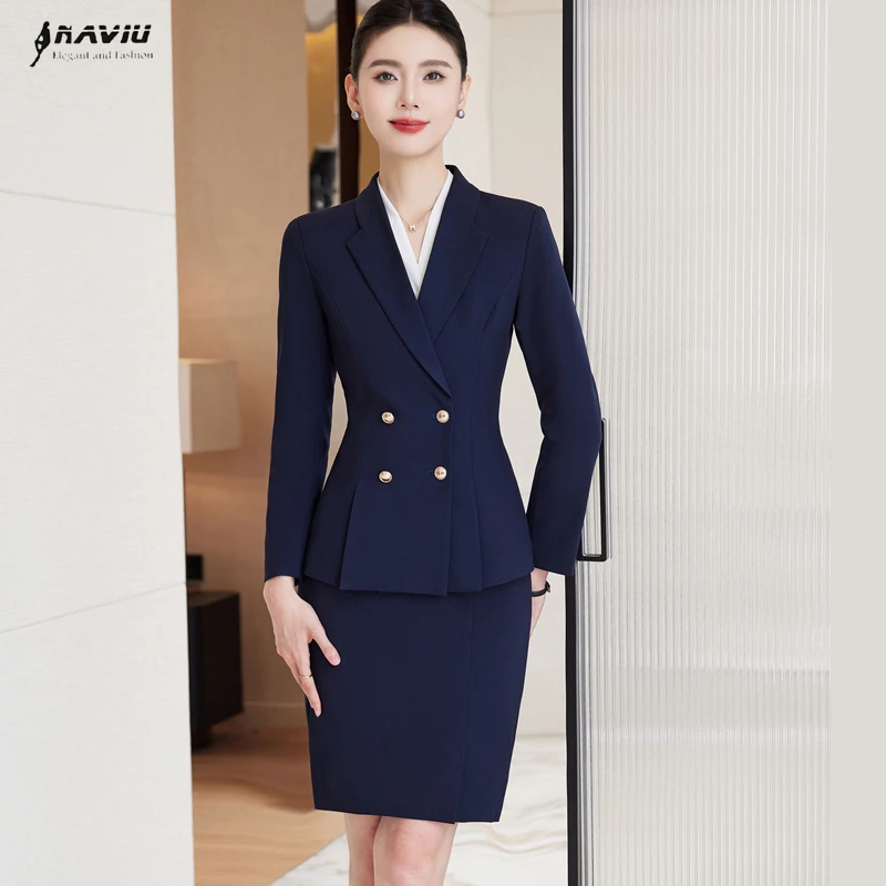 

NAVIU Gray Black Navy Blue Fashion Women Skirt Suit Long Sleeve Solid Lady Blazer And Skirt Formal 2 Piece Set For Autumn Winter