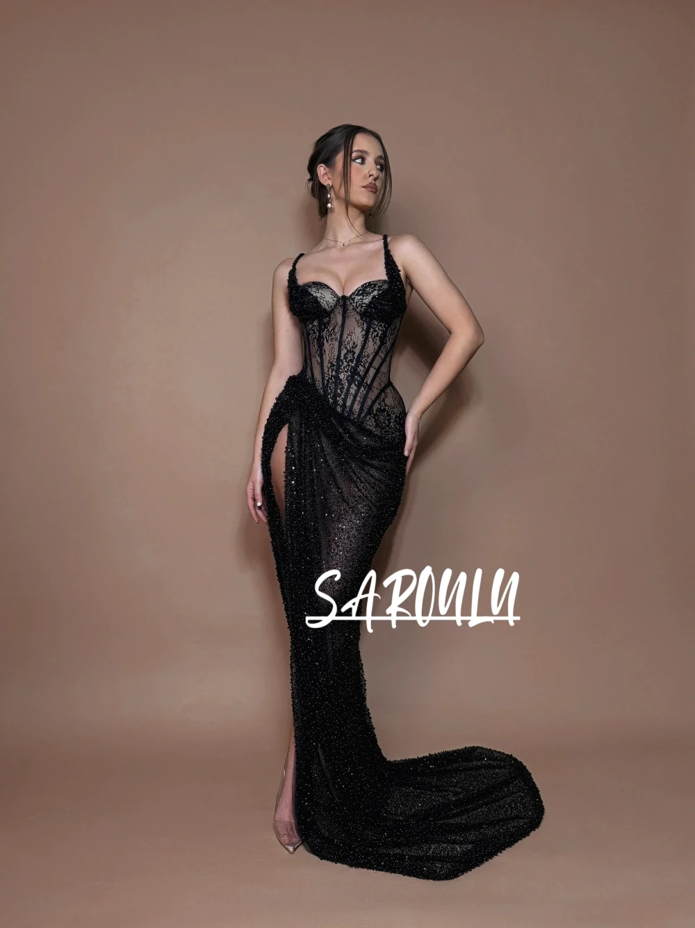 

Sexy Lace Corset Black Evening Gown Women Spaghetti Strap High Slit Delicate Pearls Mermaid Train Formal Prom Dress Customized