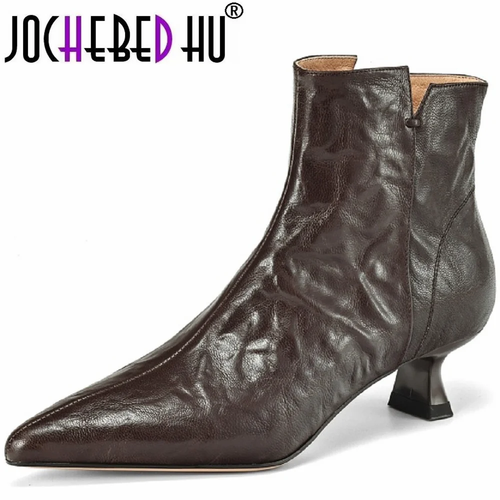 

【JOCHEBED HU】Autumn Winter Women Handmade Brand Genuine Leather Ankle Boots Pointed Toe Zipper Casual Working Shoes 33-43