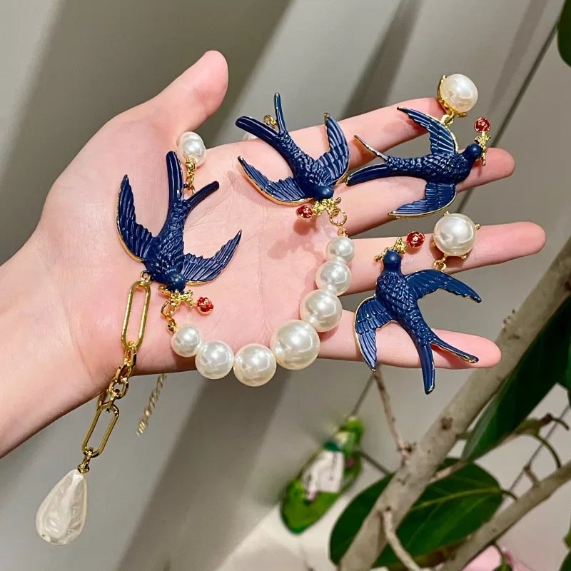 Blue Swallow Pearls Beads Choker Necklace Earring Set, Vaccessories Sweater Chain for Women