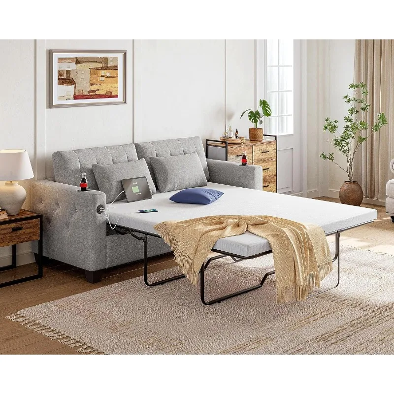 Pull Out Sofa Bed, Queen Sleeper Sofa Couch with Memory Foam Mattress and Solid Wood Bed Frame, Covers Removable