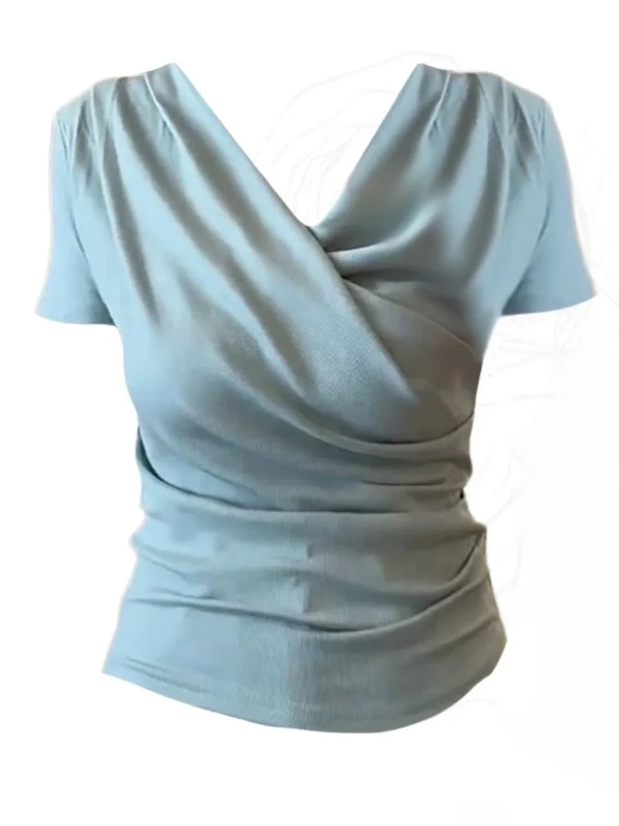 

plus Size Women's Short V-Neck T-Shirt Slimming Fit Summer New Style Pure Desire Sexy Pleated Short Sleeve Top Korean Style