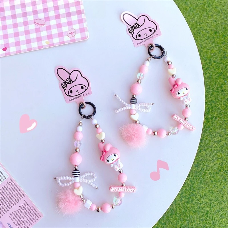 Sanrio-serie grijze en roze kralenketting sleutelhanger schattige Kuromi My Melody rugzak decoratieve hanger kinderspeelgoed verjaardagscadeau