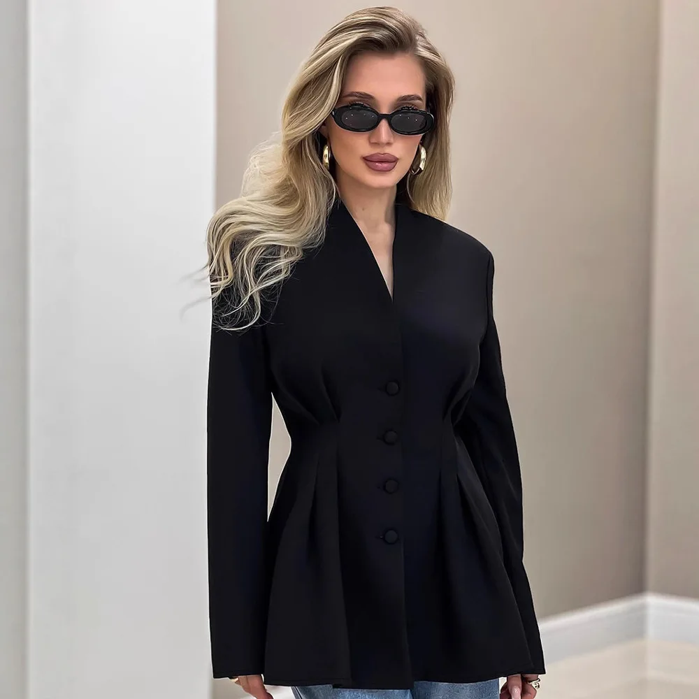 Fall New Long Sleeve Single Breasted Slim Blazers Women's Elegant V-neck Tunics Black Suit Ruched Outerwear Streetwear