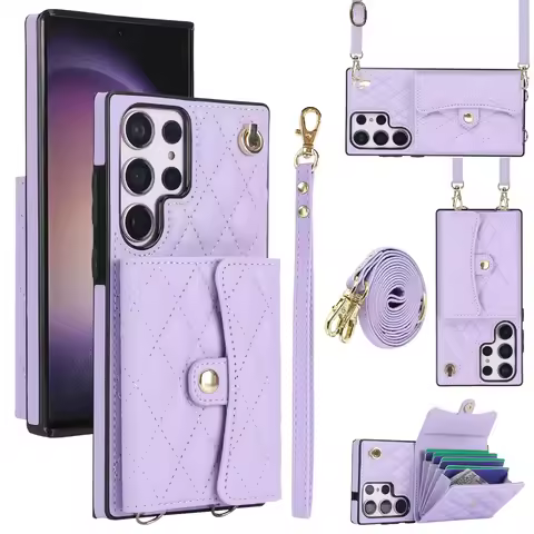 Lanyard Cards Bag Wallet Leather Case For Samsung S24 23 S22 S21 Note20 Ultra Plus A15 A52 A53 A54 Bag Crossbody Pocket Cover