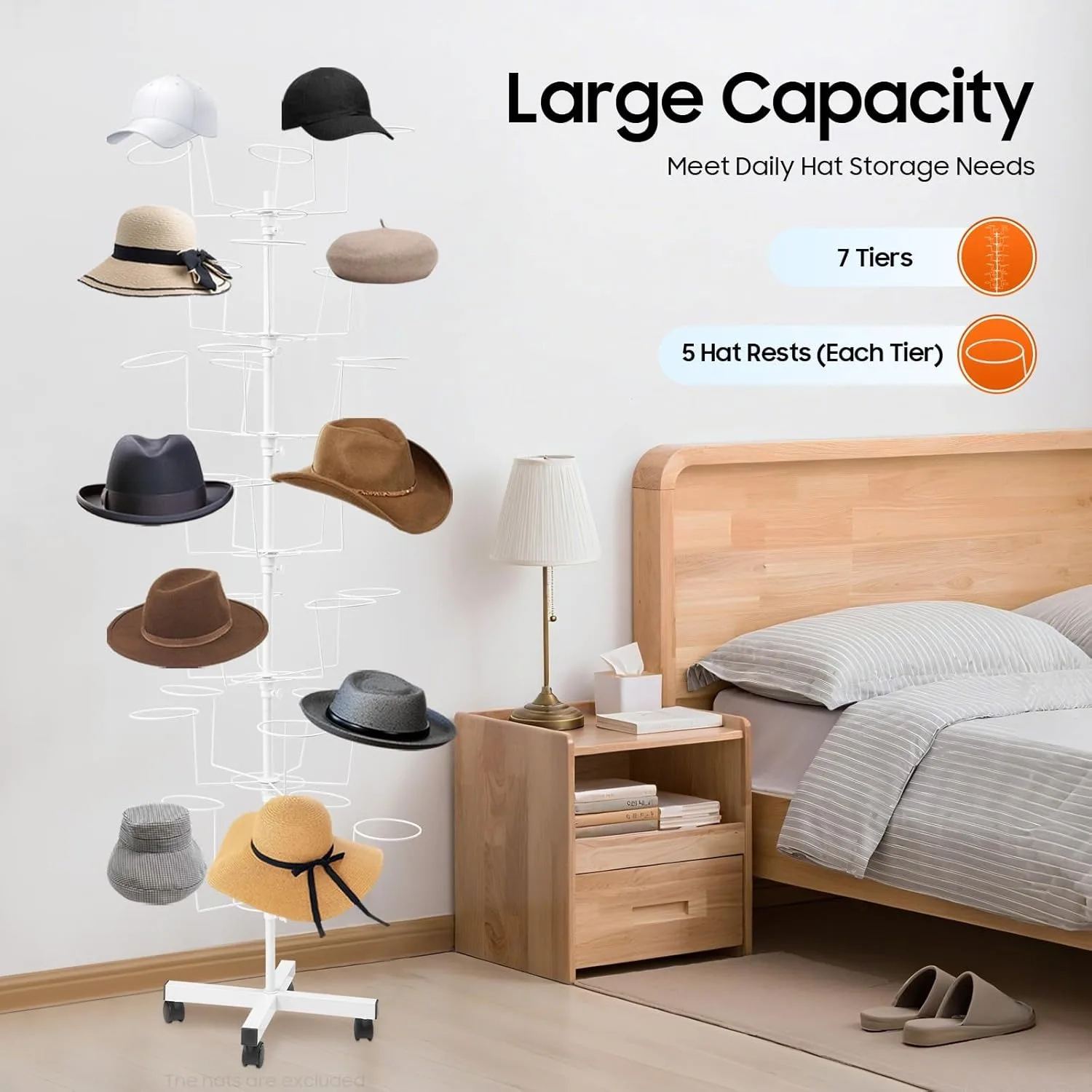 7단 회전식 모자 진열대, 35개 후크가 있는 금속 독립형 모자 보관함, 카우보이 야구 모자 정리대