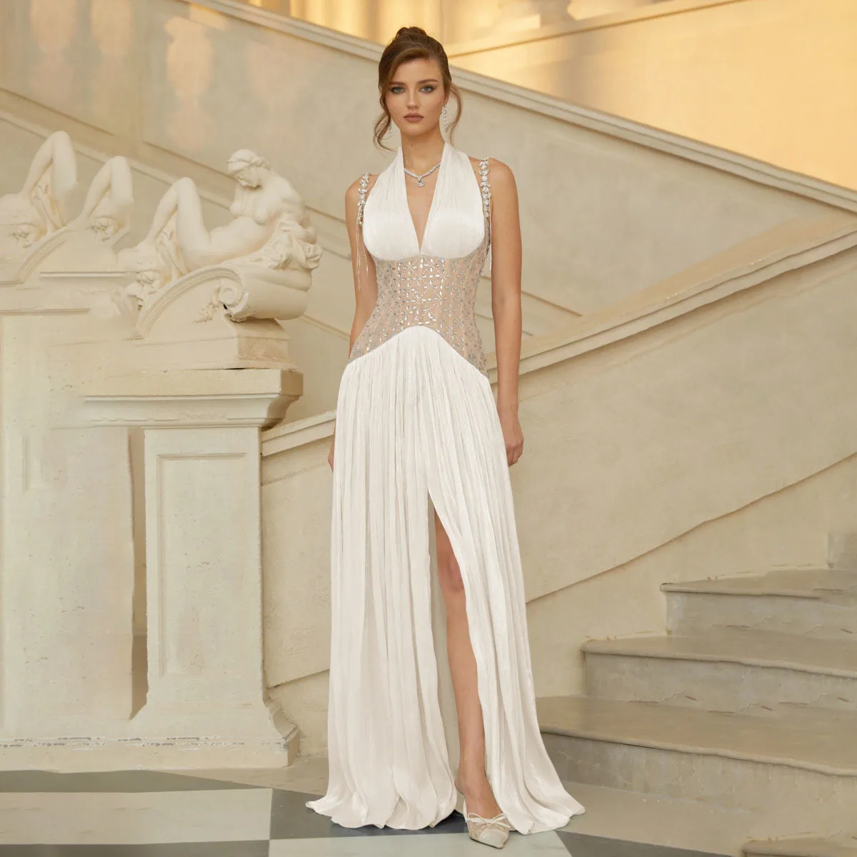 KWTX 2026 Dames Nieuwjaarsfeest Halter Hals Lange Jurk Elegant Kralen Uitgesneden Sexy Designer Lente Zomer Luxe Kantooravond