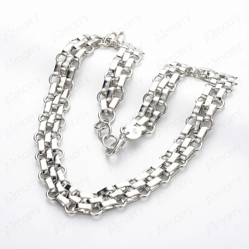 Dominante, breite, karierte Halskette aus 925er Sterlingsilber, 18 Zoll, Unisex, für Party, Bankett, Verlobung, Hochzeit, Modeschmuck – Detail 3