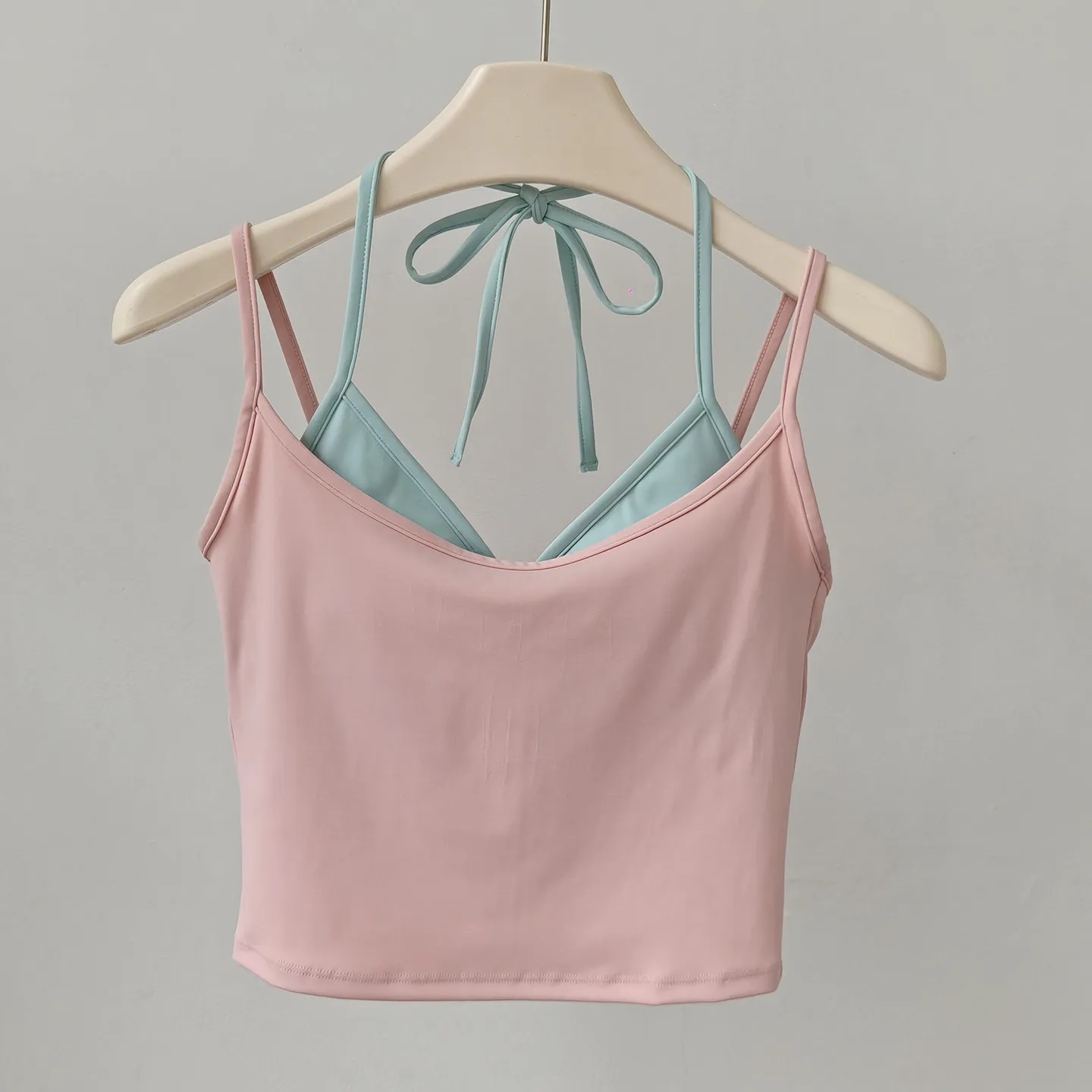 Yoga-Top für Damen, Sport-BH mit festen Cups, zweifarbig, zweiteiliger Look, Pilates-Träger-Unterwäsche, Fitnesskleidung, Sportbekleidung – Detail 5