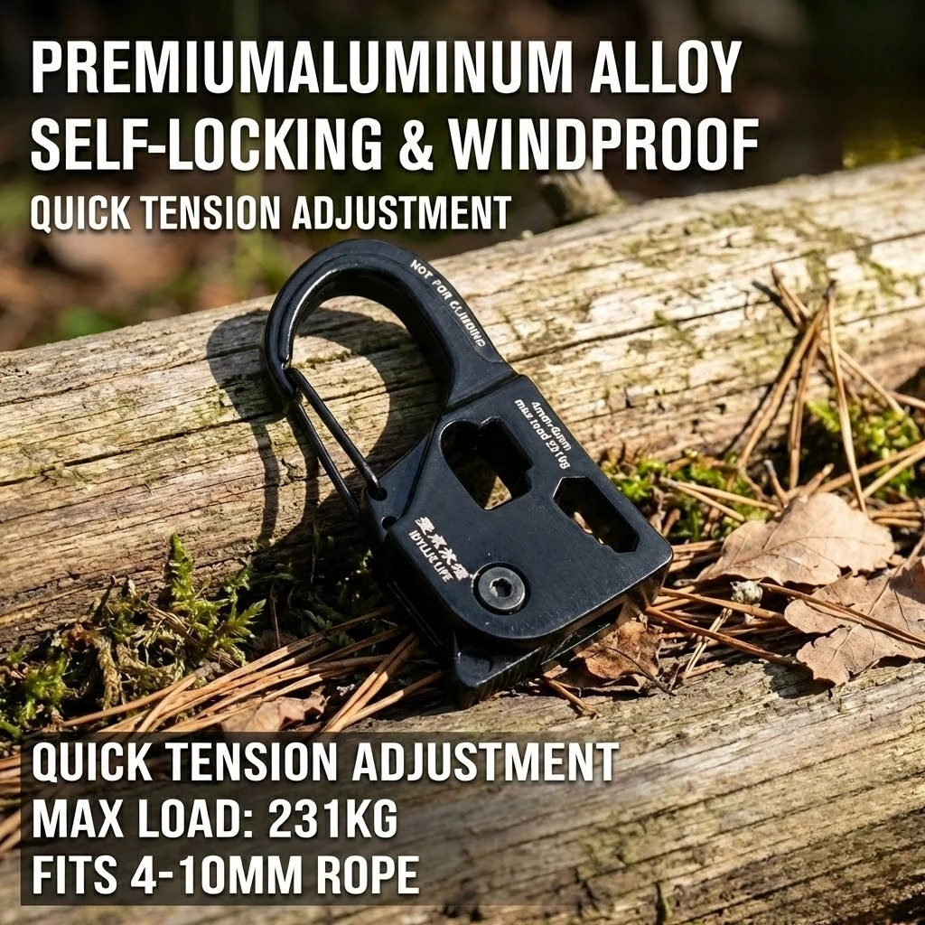 1×Aluminum Alloy Tent Rope Tensioner Stainless Steel Self Lock Rope Adjuster 2-10mm Anti-Slip Tarp Tightener Outdoor Accessories