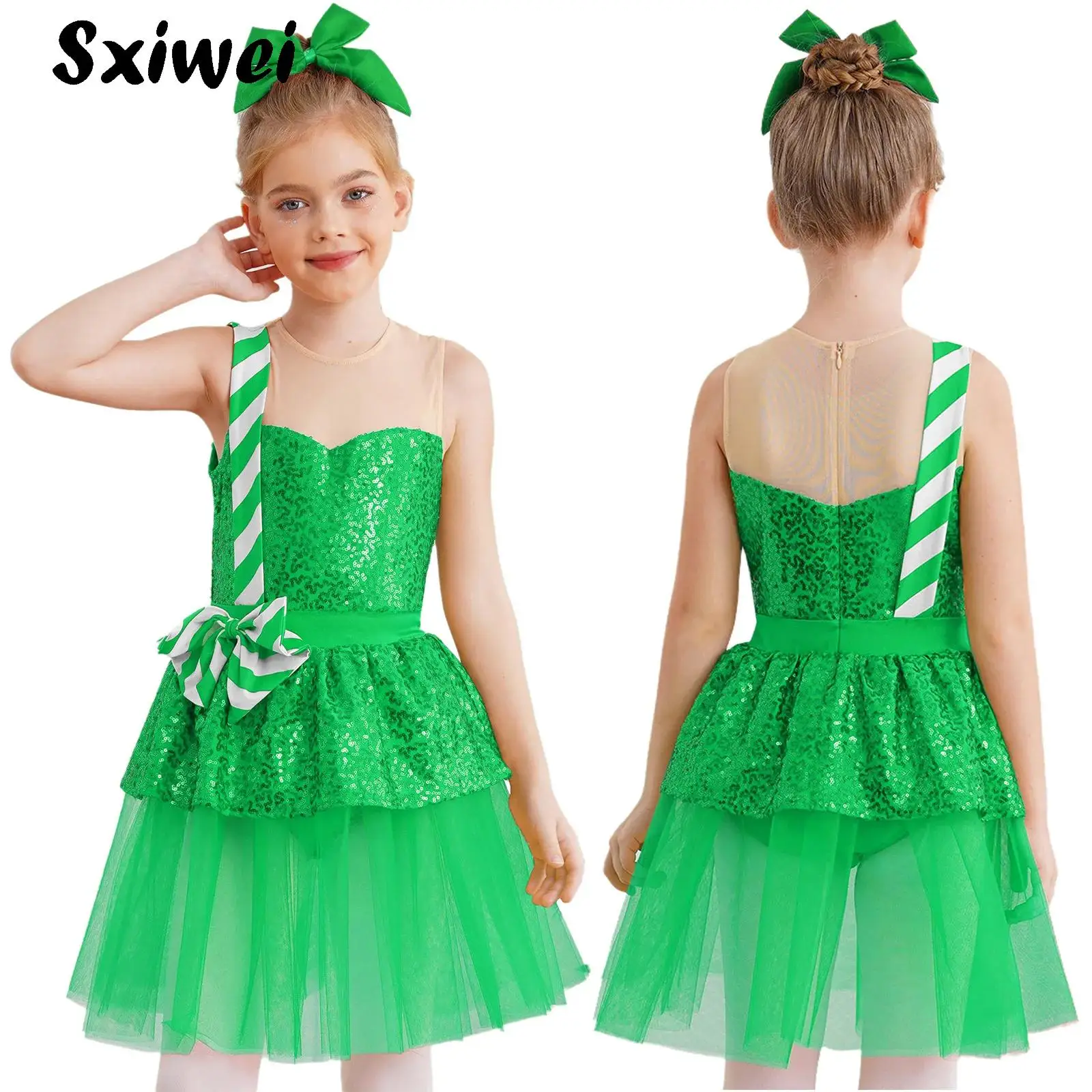 

Girls Candy Cane Striped Sequins Ballet Tutu Dance Dress Mrs Santa Claus Costume Christmas Bowknot Figure Ice Skating Leotard