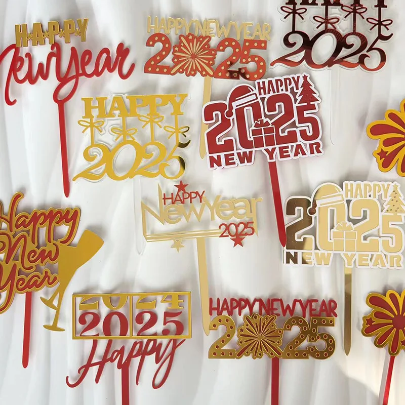 5pcs Acrylic Cake Topper Happy New Year 2024 Count Down 2025 Dragon Cake Toppers for Merry Chirstmas Home Party Cake Decoration