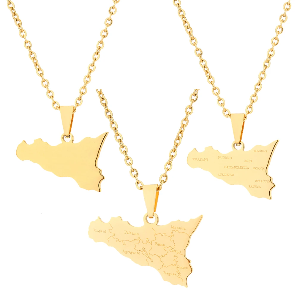 New Italy Sicilia Island Map City Pendant Necklace Stainless Steel Men Women Ethnic Map Jewelry Italiana Gift