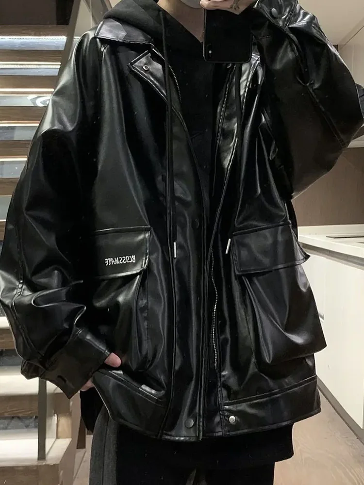 

Spring Retro Pu Leather Men's Coat Zip-up Jacket Hoodie Oversized clothes,Streetwear Woman clothing,Jackets Top Coats,2026 New