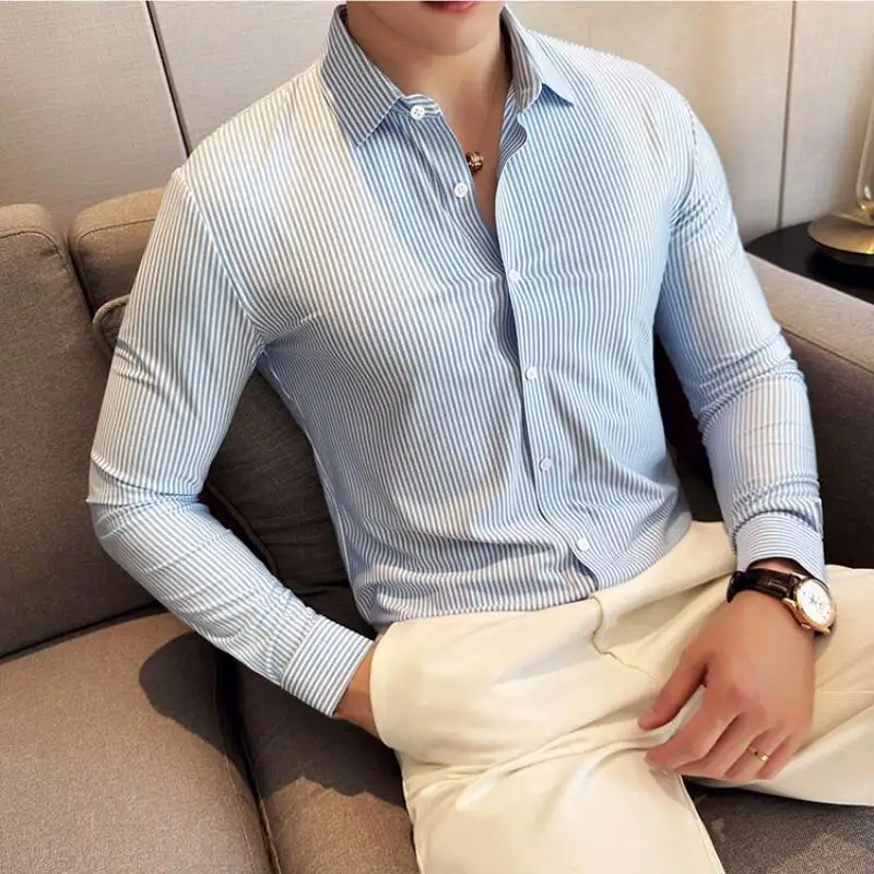 

Plus Size 4XL-M High Elasticity Traceless Spandex Shirts 2024 New Men Striped Slim Fit Non-ironing Business Long Sleeve Shirt