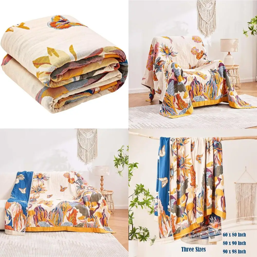 

Cozy Bohemian Cotton Throw Blanket, Luxurious Softness, Rustic Floral and Bird Design, 80x90 Inches, Farmhouse Style Decorative