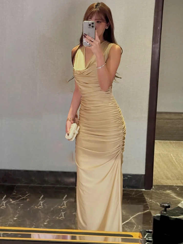 Vestido Largo de Seda Satén, Estilo Deado, Espalda Descubierta, Sin Mangas, Nuevo Estilo de Verano, Vestido de Mujer a la M...