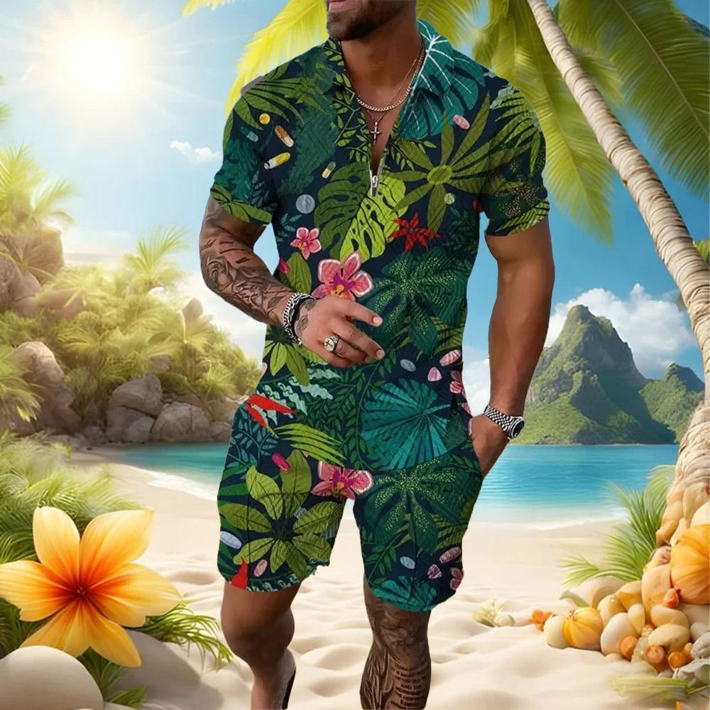 

Floral Plant 3D Print Summer Men Sweatsuit Set Casual Zipper Collar Polo Shirt And Shorts 2pcs Sets Holiday Style Clothing