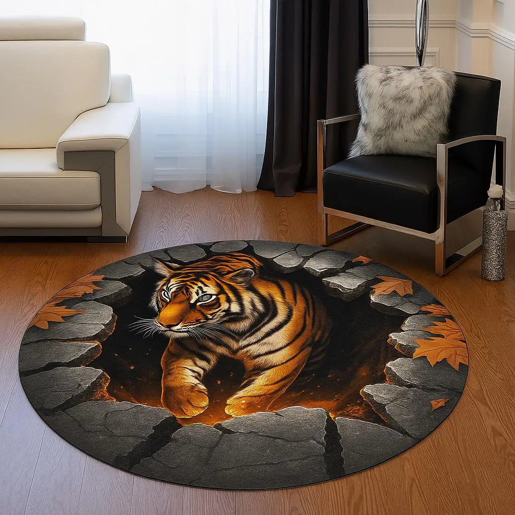 Fierce Tiger Abyss Round Rug Corridor Entryway Foyer Floor Mat Bookcase Side Area Rug Wardrobe Dressing Room Home Decor