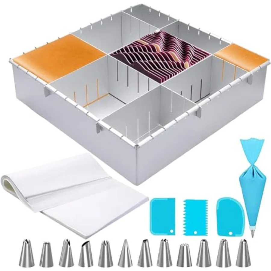 

Cake Mold - Adjustable Aluminum Multi-Function DIY Baking Tin. No Leaking. Includes 20 Pcs Baking Paper