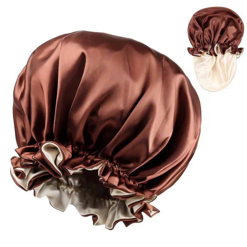 قبعة نوم كبيرة الحجم بطبقة مزدوجة من الدانتيل بلون سادة للعناية بالشعر، قبعة نسائية على شكل قبة من الحرير المقلد