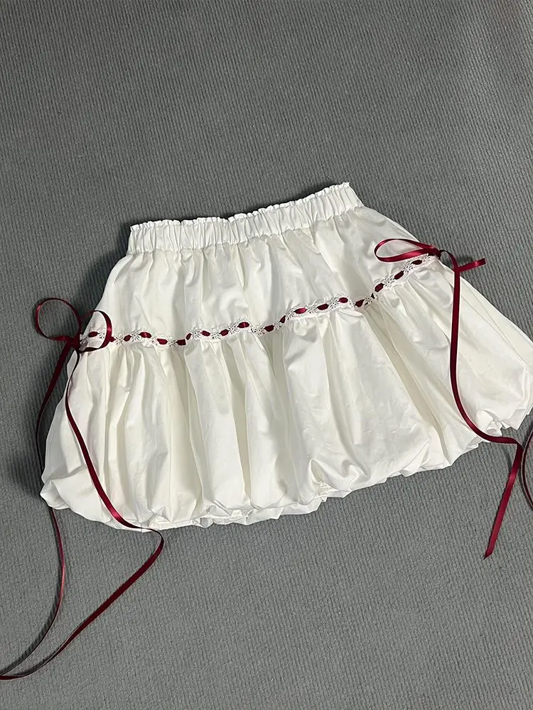 

Японская мини-юбка с милым бантом и завязками, женская мини-юбка, новинка 2023 года, летняя эластичная пышная юбка трапециевидной формы с высокой талией, модная юбка Y2k