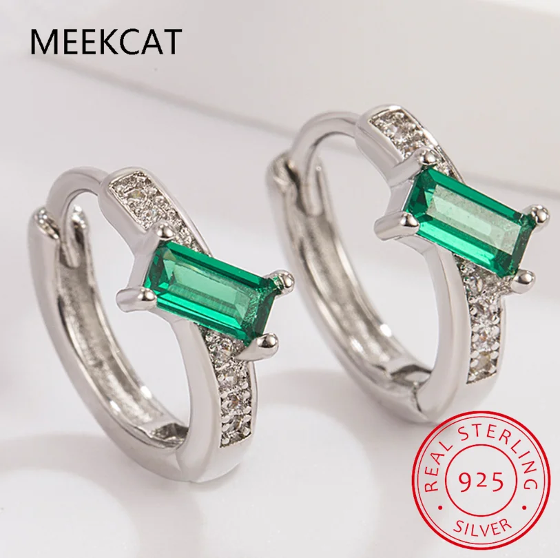 Emerald Cut Green Simulated Nano Emerald 925 Sterling Silver Hoop Earring for Woman Rectangle Gemstone Fine Jewelry Wedding Gift
