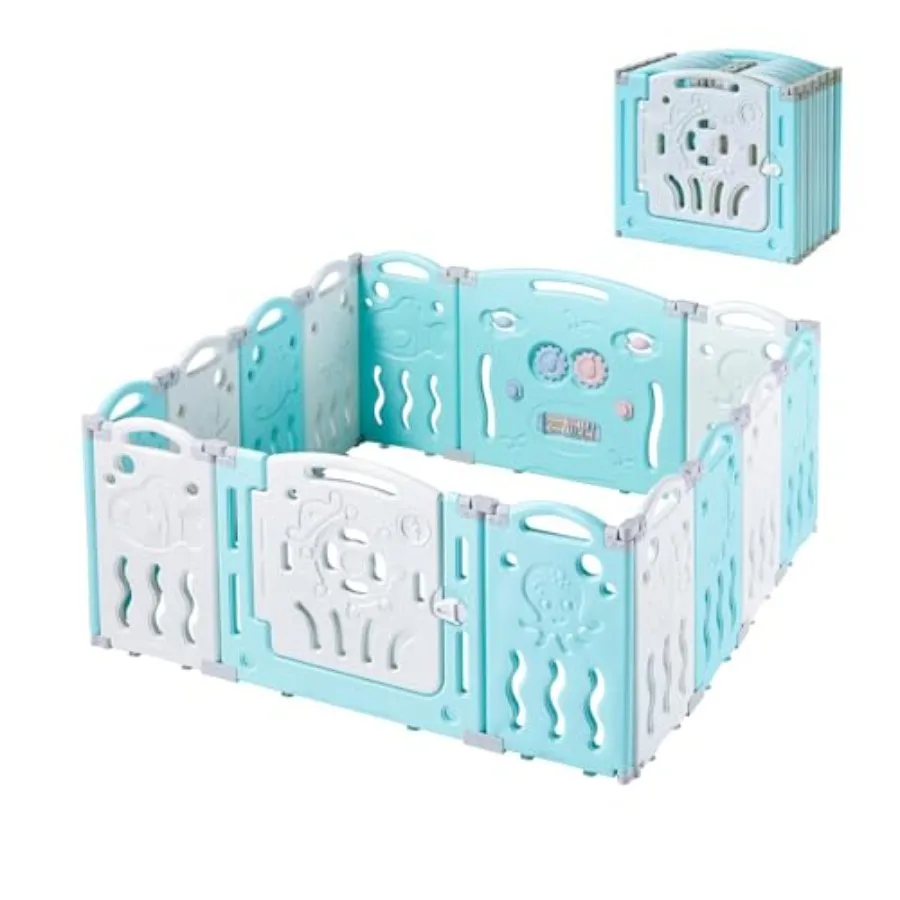 

Baby Fence Play Yard with 14 Panels, White Plastic, Indoor/Outdoor Use, Adjustable Shape, Safety Lock, 25 Sq Ft