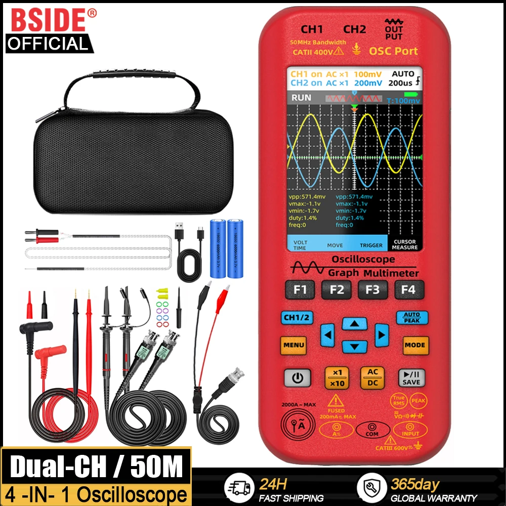 BSIDE NEW Handheld Oscilloscope Digital Multimeter+Function Signal Generator 3-IN-1 Dual Channel 50MHZ*2 250MS/s Graphic Meter 