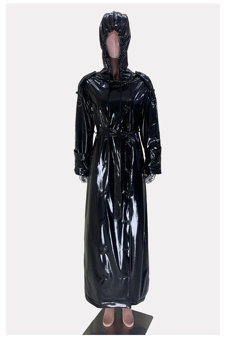 Nerazzurri Autumn Extra Long Shiny Black Soft Patent Pu Leather Trench Coat for Women with Hood Double Breasted European Fashion