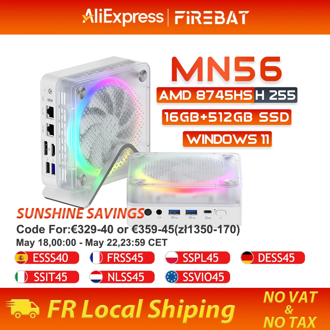 FIREBAT MN56 MINI PC AMD R7 8745HS H255 DDR5 16GB+ 512GB SSD Ordinateur de bureau BT 5.2 WIFI6 HDMI TYPE-C USB Gaming Windows11 PC