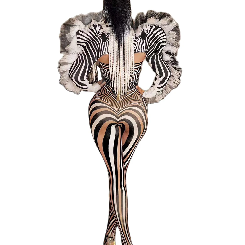 Halloween Dames Kostuum Zebra Strepen Jumpsuit Mesh Gaas Plooien Decoratie Turnpakje Cosplay Nachtclub Prestaties Podium Outfit