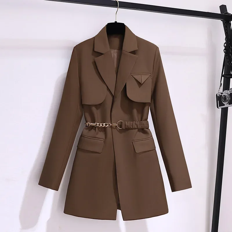 Costume 1 pièce marron pour femme, blazer avec ceinture, veste à la mode, coton formel, tenue de bureau, vêtements de travail d'affaires, manteau pour fille chaude, tenue d'automne