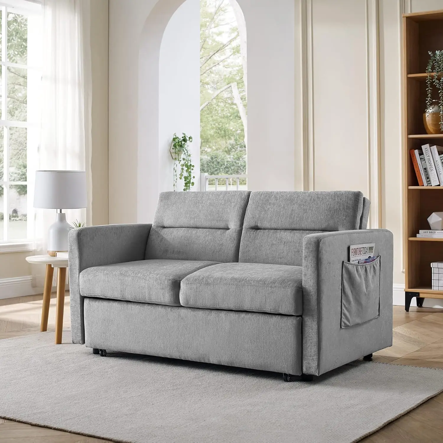Homssof-Loveseat Sofá-cama com pull-out cama, ajustável de volta, dois braço bolso, cinza sofá, 54,5 "x 33" x 31,5"