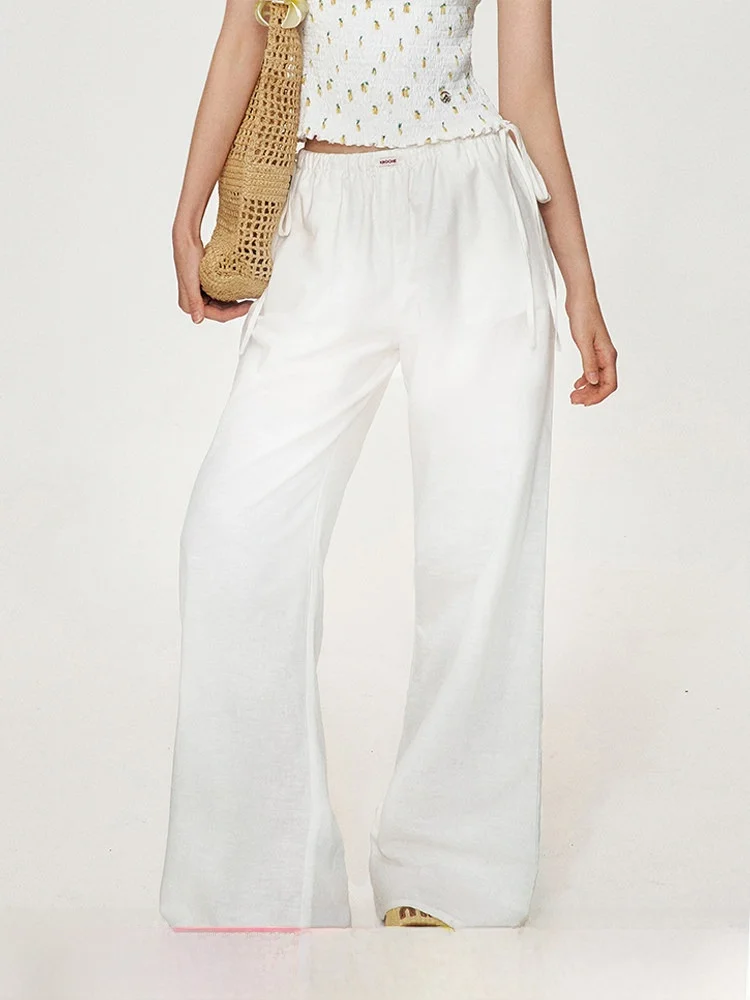

Kroche Linen Fiber Dstring Design Loose Straight Leg Dstring Pants High Waist Straight Leg Pants Ladies Casual Trousers